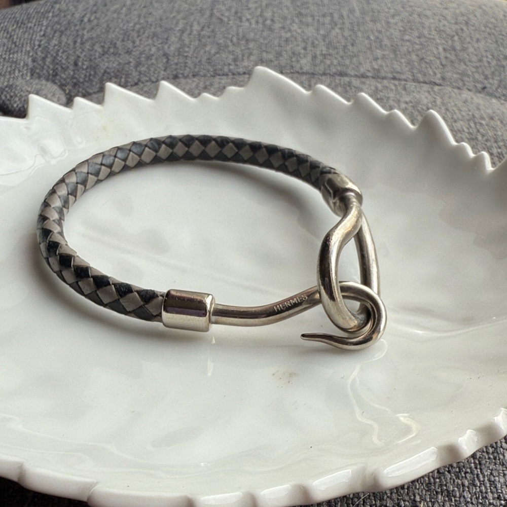 Hermes Jumbo Hook Silver and Black Braided Calfskin Palladium Bracelet